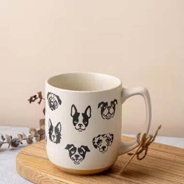 Cartoon cat and dog couple ceramic coffee mugs with lids and spoons