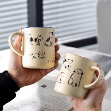 Cartoon cat and dog couple ceramic coffee mugs with lids and spoons