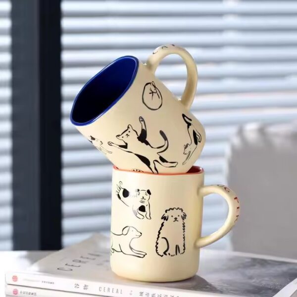 Cartoon cat and dog couple ceramic coffee mugs with lids and spoons