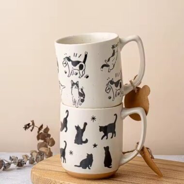 Cartoon cat and dog couple ceramic coffee mugs with lids and spoons