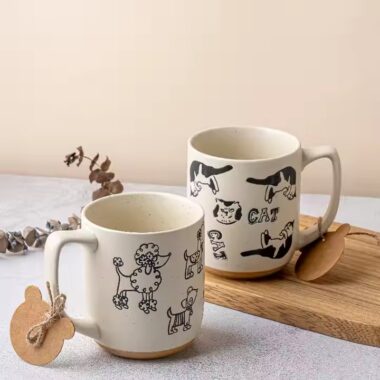 Cartoon cat and dog couple ceramic coffee mugs with lids and spoons