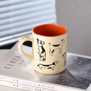 Cartoon cat and dog couple ceramic coffee mugs with lids and spoons