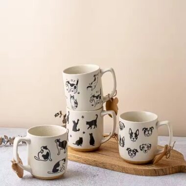 Cartoon cat and dog couple ceramic coffee mugs with lids and spoons