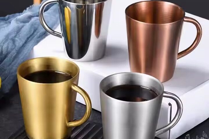 Premium stainless steel coffee mugs with custom logo options