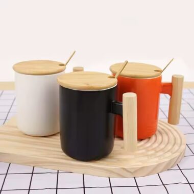Heat-Resistant Ceramic Coffee Mug with Wooden Handle
