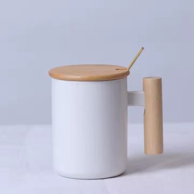Heat-Resistant Ceramic Coffee Mug with Wooden Handle