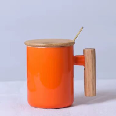Heat-Resistant Ceramic Coffee Mug with Wooden Handle