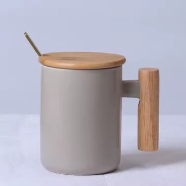 Heat-Resistant Ceramic Coffee Mug with Wooden Handle