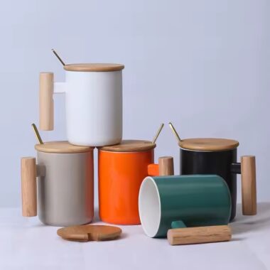 Heat-Resistant Ceramic Coffee Mug with Wooden Handle