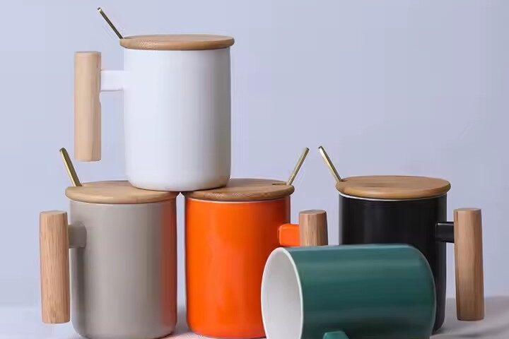 Heat-Resistant Ceramic Coffee Mug with Wooden Handle