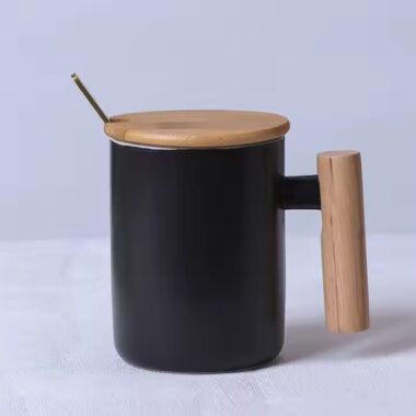 Heat-Resistant Ceramic Coffee Mug with Wooden Handle