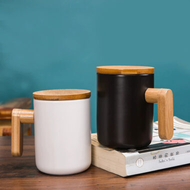 Heat-Resistant Ceramic Coffee Mug with Wooden Handle