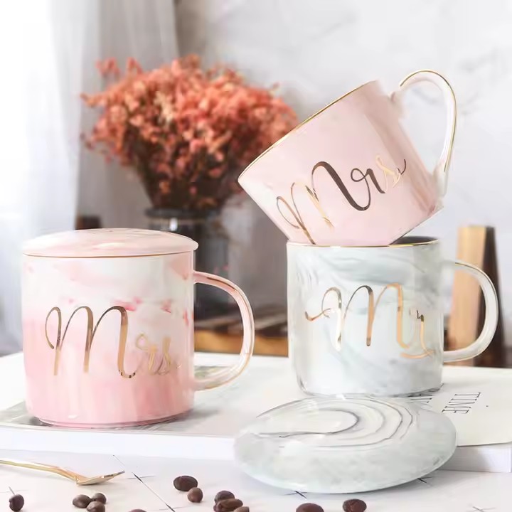 Nordic Marble Ceramic Coffee Mug with Gold Handle