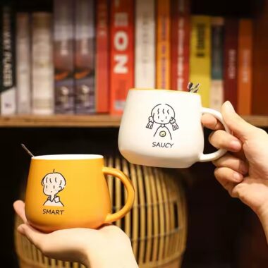 Cute high-quality ceramic coffee mug with cartoon-style design and handle