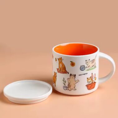 Cute cat design ceramic coffee mug with lid and spoon, perfect for home use