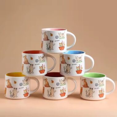 Cute cat design ceramic coffee mug with lid and spoon, perfect for home use