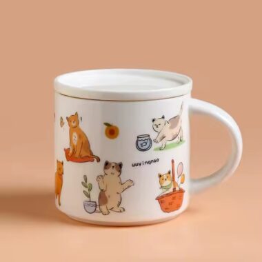 Cute cat design ceramic coffee mug with lid and spoon, perfect for home use