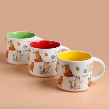 Cute cat design ceramic coffee mug with lid and spoon, perfect for home use
