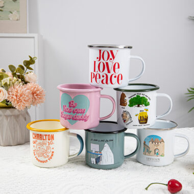 Custom logo enamel camping mug for outdoor and promotional use