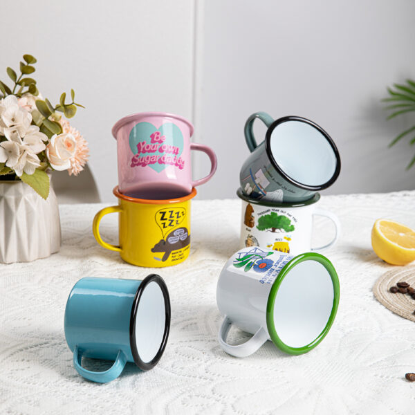 Custom logo enamel camping mug for outdoor and promotional use