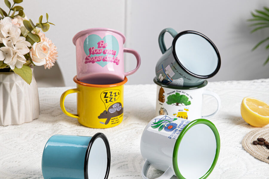 Custom logo enamel camping mug for outdoor and promotional use