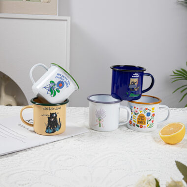 Custom logo enamel camping mug for outdoor and promotional use
