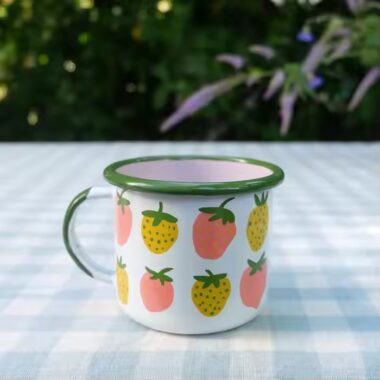 Creative vintage enamel camping mug with custom outdoor-themed artwork