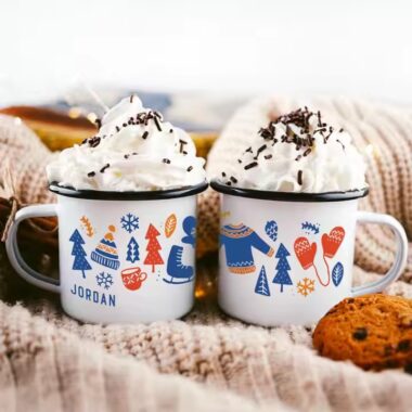 Creative vintage enamel camping mug with custom outdoor-themed artwork