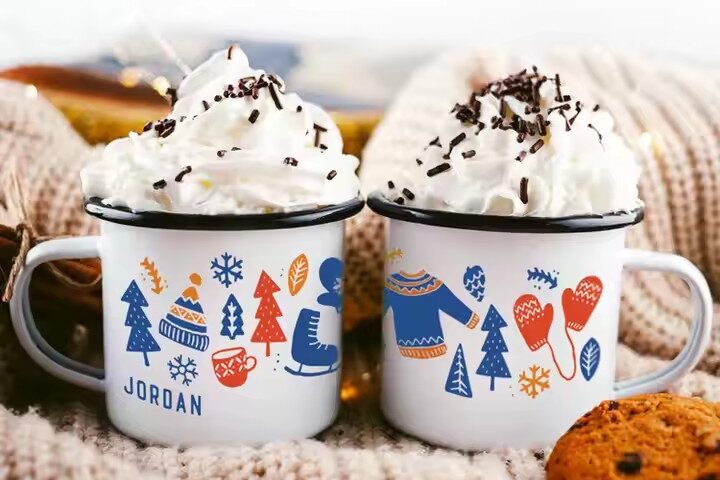 Creative vintage enamel camping mug with custom outdoor-themed artwork