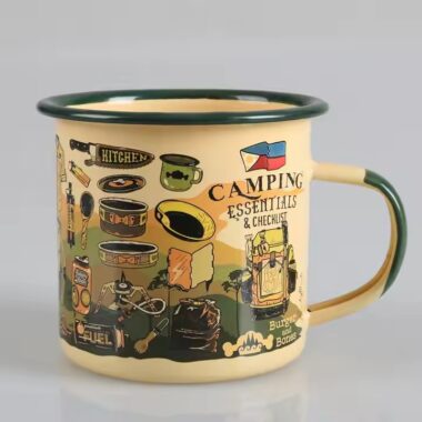 Creative vintage enamel camping mug with custom outdoor-themed artwork