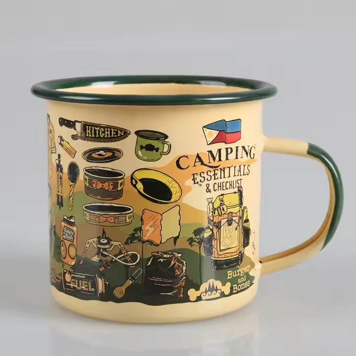 Creative vintage enamel camping mug with custom outdoor-themed artwork