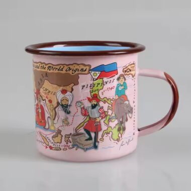 Creative vintage enamel camping mug with custom outdoor-themed artwork