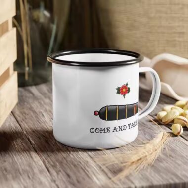 Creative vintage enamel camping mug with custom outdoor-themed artwork