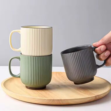 Modern Vintage Glazed Ceramic Coffee Mug with Stripe Texture

