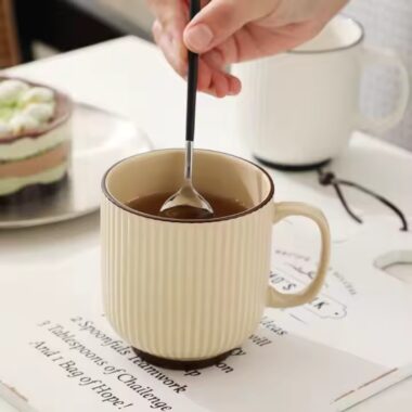 Modern Vintage Glazed Ceramic Coffee Mug with Stripe Texture

