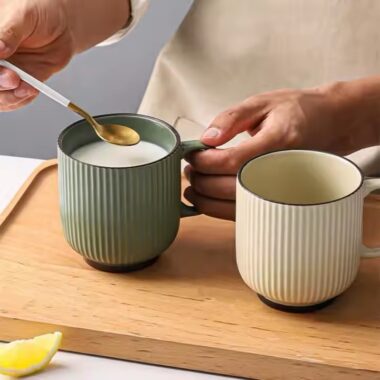 Modern Vintage Glazed Ceramic Coffee Mug with Stripe Texture

