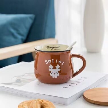 Retro-style ceramic coffee mug with creative handle and glazed finish