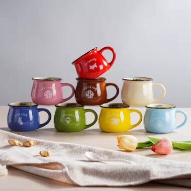 Retro-style ceramic coffee mug with creative handle and glazed finish