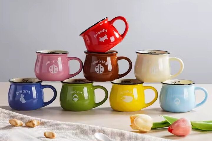 Vintage ceramic milk coffee cup with unique textured design (2) Retro-style ceramic coffee mug with creative handle and glazed finish