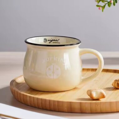 Retro-style ceramic coffee mug with creative handle and glazed finish