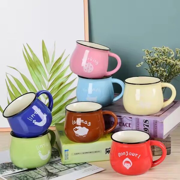 Retro-style ceramic coffee mug with creative handle and glazed finish