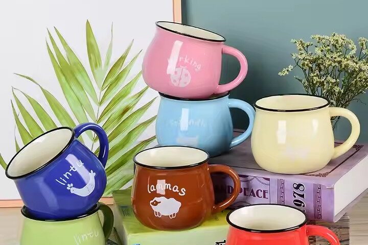 Retro-style ceramic coffee mug with creative handle and glazed finish