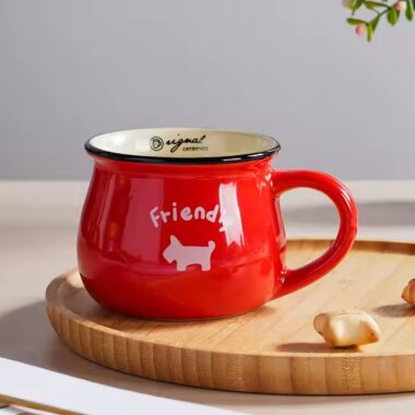 Retro-style ceramic coffee mug with creative handle and glazed finish