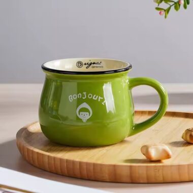 Retro-style ceramic coffee mug with creative handle and glazed finish