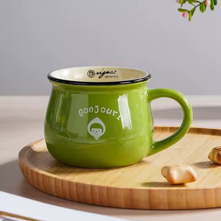 Retro-style ceramic coffee mug with creative handle and glazed finish