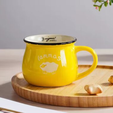 Retro-style ceramic coffee mug with creative handle and glazed finish