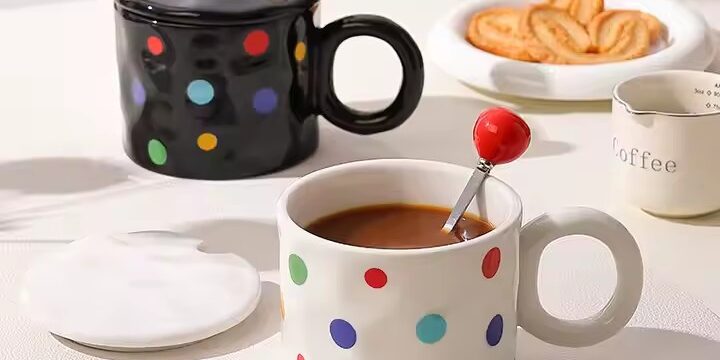 Wholesale ceramic mugs with polka dots, lid and matching spoon Colorful polka dot ceramic mug with lid and spoon for tea or coffee