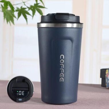 stainless steel travel mug with temperature display