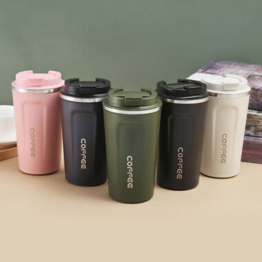 stainless steel travel mug with temperature display